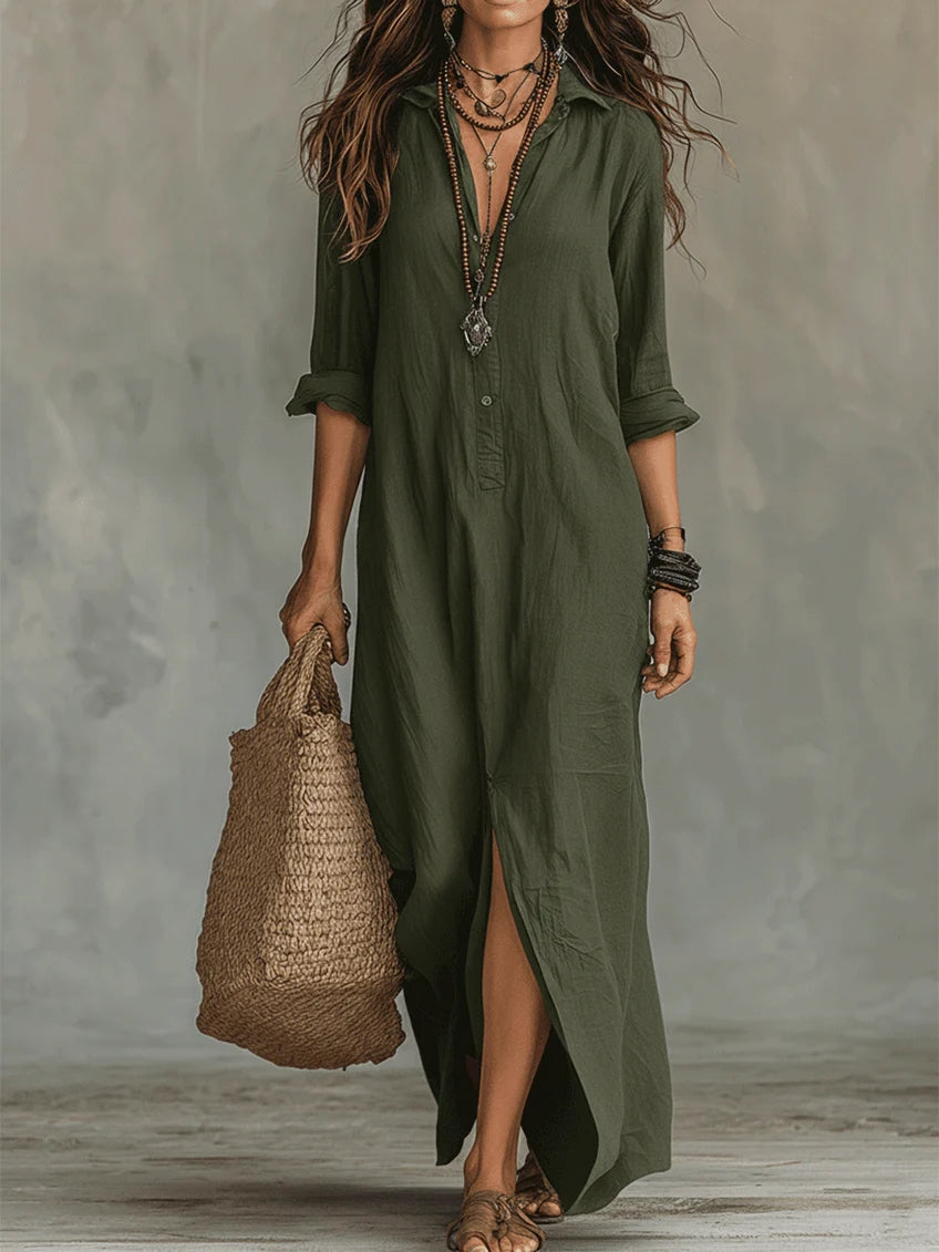 Soline™ | Loose-fitting black maxi dress with buttons