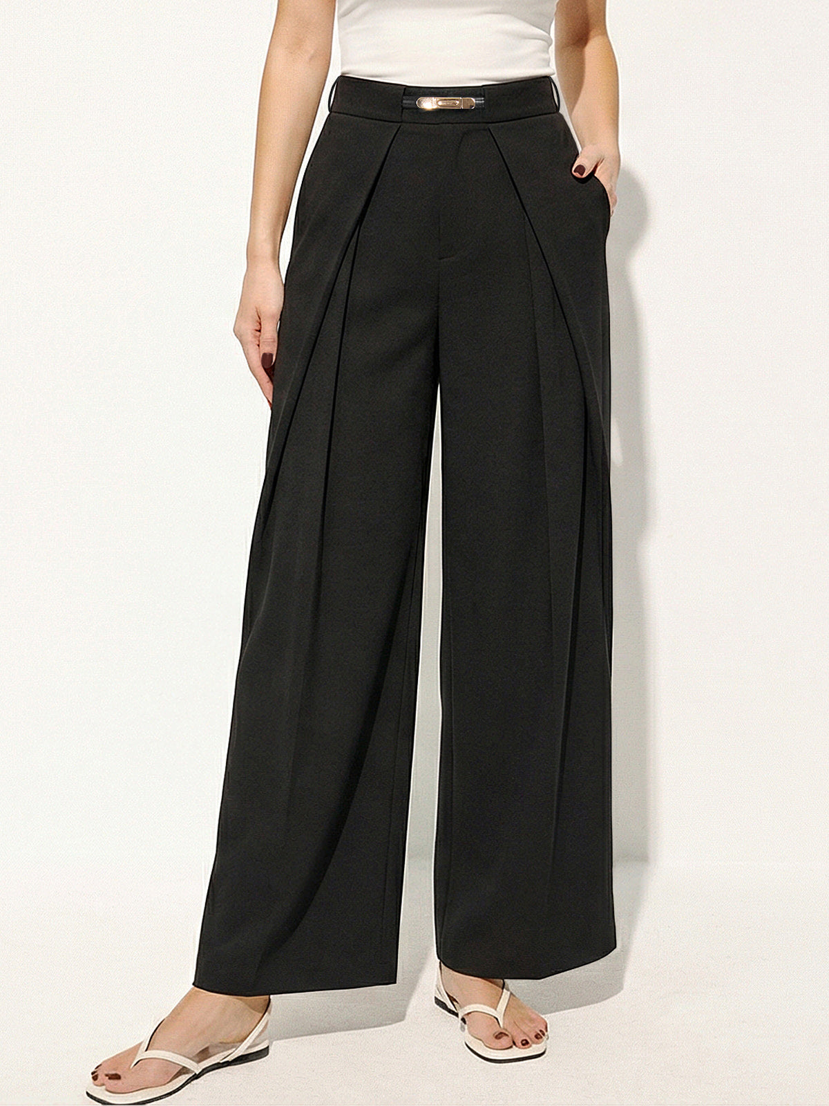 Mid Waist Belted Pleated Wide Leg Pants