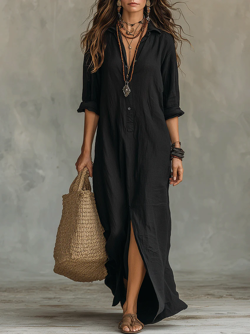 Soline™ | Loose-fitting black maxi dress with buttons