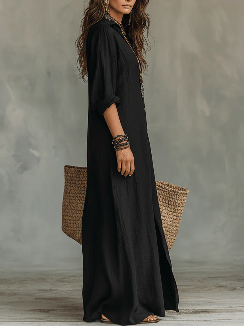 Soline™ | Loose-fitting black maxi dress with buttons