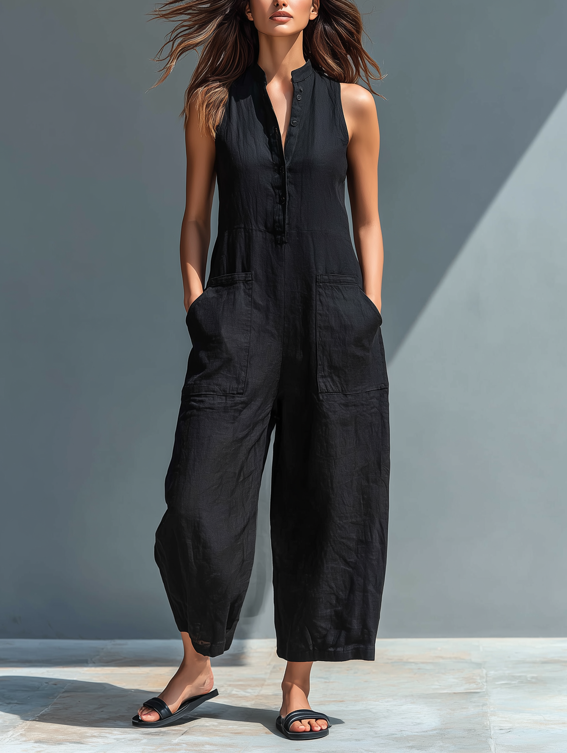 Women's Minimalist Linen Sleeveless Loose Jumpsuit